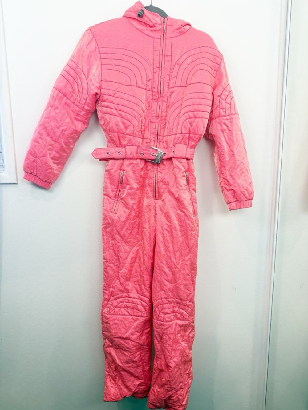Emmegi Ski Suit One Piece Belted Neon Orange Pink Size XL Vintage Italy